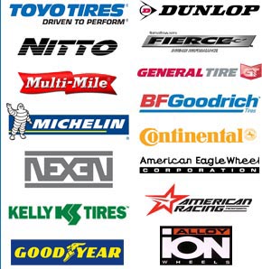 Toyo Tires, Dunlop Tires, Nitto Tires, Fierce Tires, Multi-Mile Tires, General Tires, Michelin Tires, BFGoodrich Tires, Nexen Tires, Continental Tires, Ammerican Eagle Wheel, Kelly Tires, American Racing, Goodyear Tires, Alloy Ion Wheels